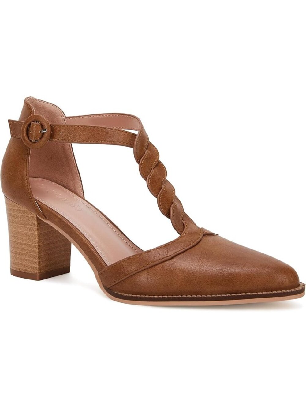 Women's Brown Chunky Heels T Strap Pointed Toe Stacked Heeled Sandals Pumps
